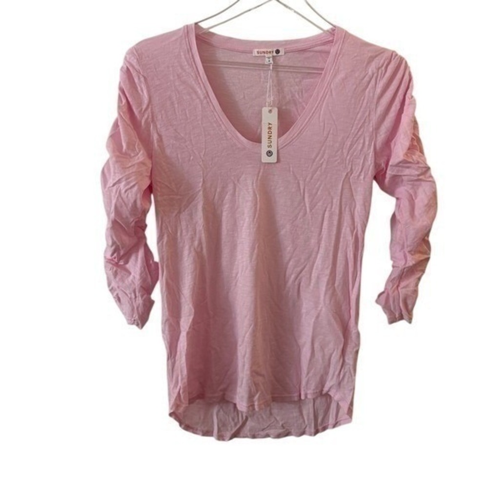 Sundry Pink Shirred Sleeve 3/4 sleeve Pima‎ Cotton Tee Pastel Cotton M NEW